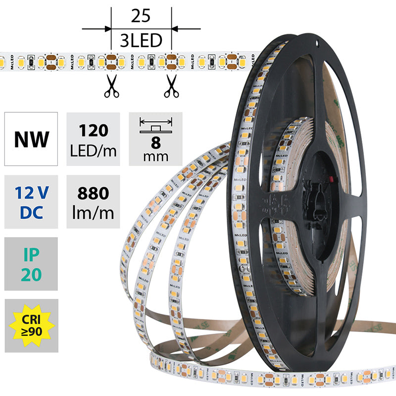 LED-Streifen in Neutralweiß mit 880 Lumen und 9,6 Watt je Meter bei 12 Volt, IP20