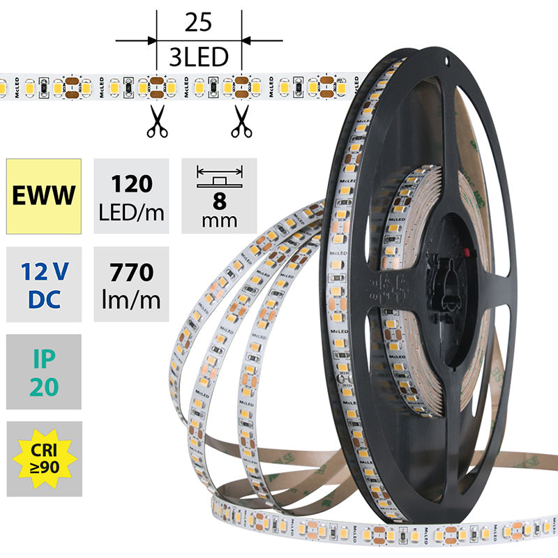 LED-Streifen in Extra Warmweiß mit 770 Lumen und 9,6 Watt je Meter bei 12 Volt, IP20