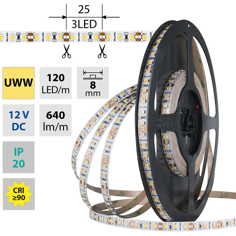 LED-Streifen in Ultra Warmweiß mit 9,6 Watt und 640 Lumen je Meter bei 12 Volt, IP20