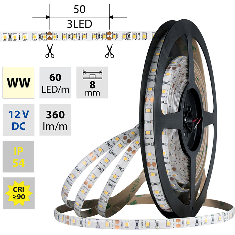 LED-Streifen in Warmweiß mit 4,8 Watt und 360 Lumen je Meter bei 12 Volt, IP54