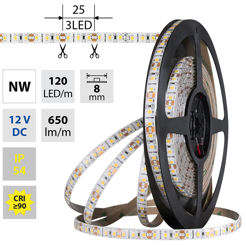 LED-Streifen in Neutralweiß mit 650 Lumen und 9,6 Watt je Meter bei 12 Volt, IP54