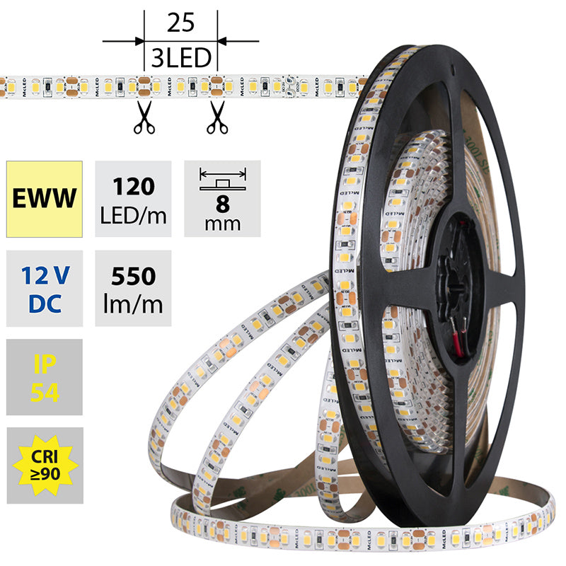 LED-Streifen in Extra Warmweiß mit 560 Lumen und 7 Watt je Meter bei 12 Volt, IP20