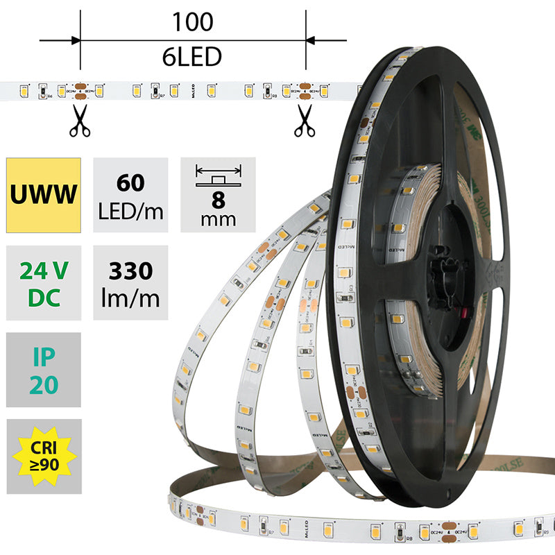 LED-Streifen in Ultra Warmweiß mit 4,8 Watt und 330 Lumen je Meter bei 24 Volt, IP20