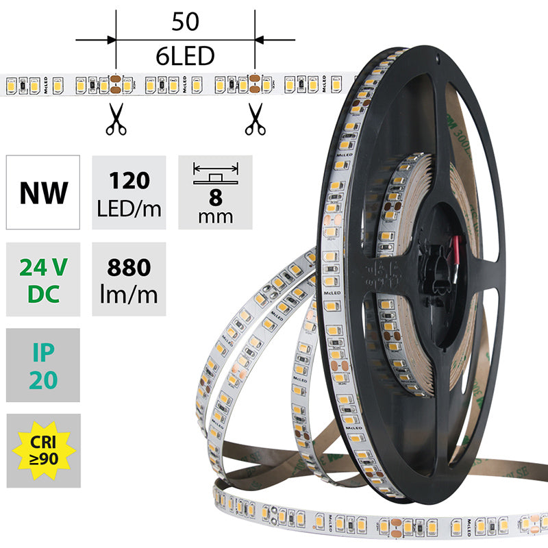 LED-Streifen in Neutralweiß mit 880 Lumen 9,6 Watt je Meter bei 24 Volt, IP20