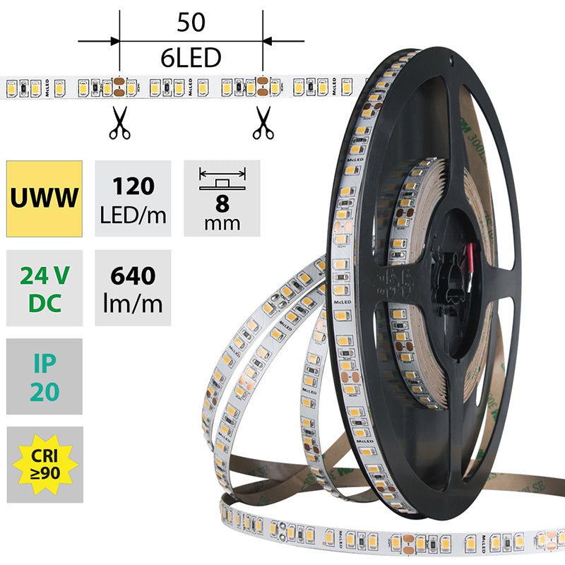 LED-Streifen in Ultra Warmweiß mit 9,6 Watt und 640 Lumen je Meter bei 24 Volt, IP20