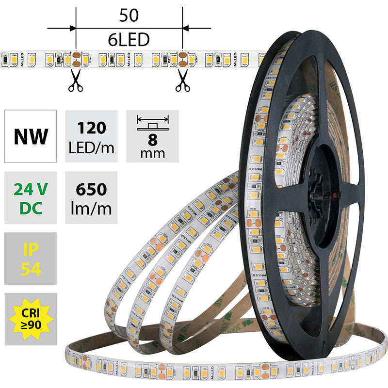LED-Streifen in Neutralweiß mit 650 Lumen und 9,6 Watt je Meter bei 24 Volt, IP54