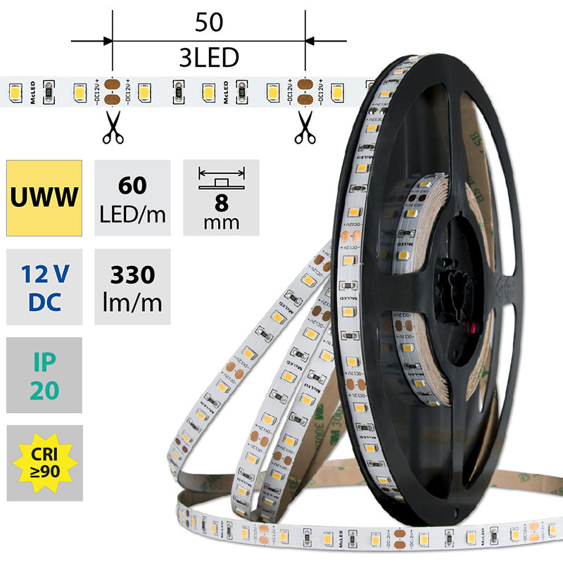 LED-Streifen in Ultra Warmweiß mit 4,8 Watt und 330 Lumen je Meter bei 12 Volt, IP20