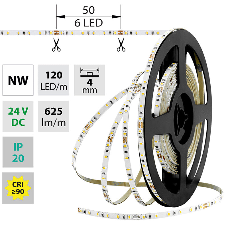 LED-Streifen in Neutralweiß mit 625 Lumen und 7,2 Watt je Meter bei 24 Volt, IP20