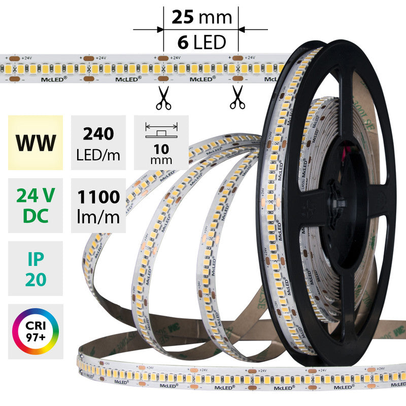 LED-Streifen in Warmweiß mit 14,4 Watt und 1100 Lumen je Meter bei 24 Volt, IP20