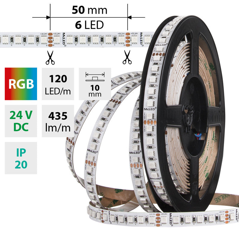 LED-Streifen RGB mit 14 Watt und 435 Lumen je Meter bei 24 Volt, IP20
