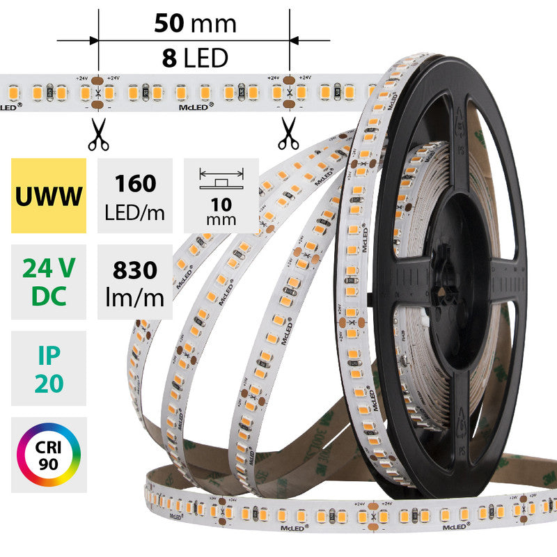 LED-Streifen in Ultra Warmweiß mit 9 Watt und 830 Lumen je Meter bei 24 Volt, IP20