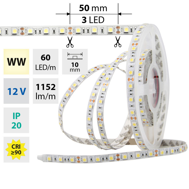 LED-Streifen in Warmweiß mit 14,4 Watt und 1152 Lumen je Meter bei 12 Volt, IP20
