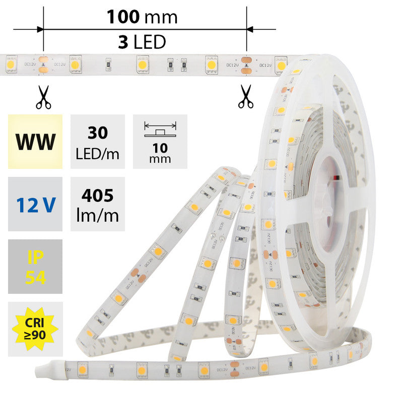 LED-Streifen in Warmweiß mit 7,2 Watt und 405 Lumen je Meter bei 12 Volt, IP54