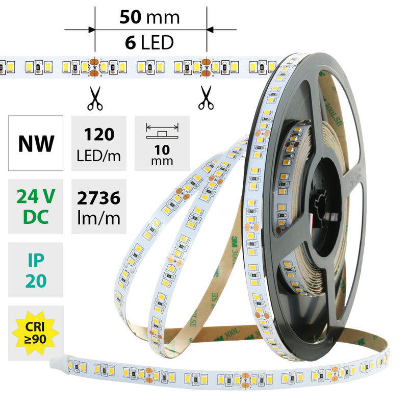 LED-Streifen in Neutralweiß mit 2736 Lumen und 28,8 Watt je Meter bei 24 Volt, IP20
