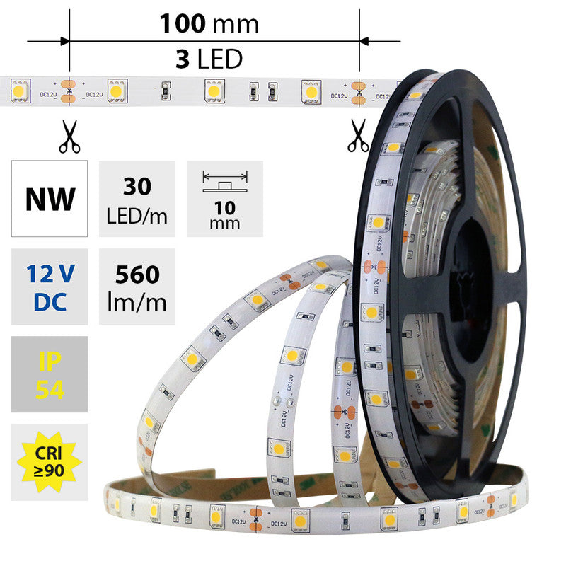 LED-Streifen in Neutralweiß mit 560 Lumen und 7,2 Watt je Meter bei 12 Volt, IP54