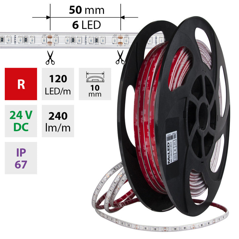 LED-Streifen in Rot mit 290 Lumen und 9,6 Watt je Meter bei 24 Volt, IP67