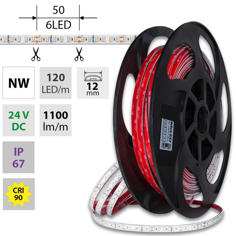 LED-Streifen in Neutralweiß mit 1100 Lumen und 14 Watt je Meter bei 24 Volt, IP67