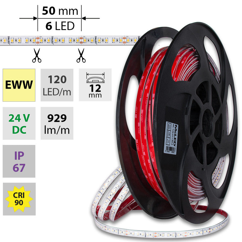 LED-Streifen in Extra Warmweiß mit 929 Lumen und 14 Watt je Meter bei 24 Volt, IP67
