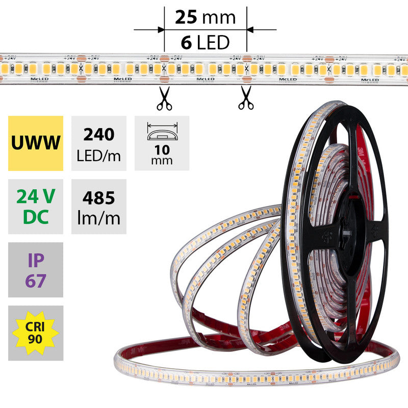LED-Streifen in Ultra Warmweiß mit 6 Watt und 380 Lumen je Meter bei 24 Volt, IP67