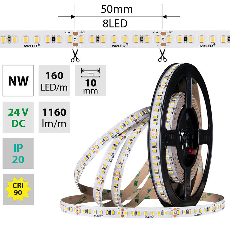 LED-Streifen in Neutralweiß mit 1160 Lumen und 9 Watt je Meter bei 24 Volt, IP20