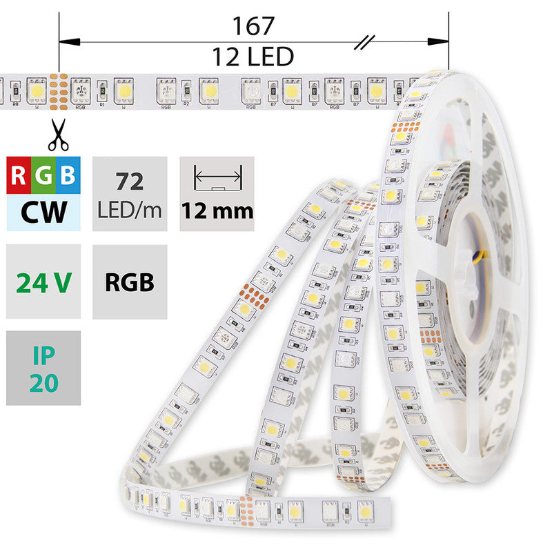 LED-Streifen RGB + Kaltweiß mit 17,2 Watt und 1125 Lumen je Meter bei 24 Volt, IP20