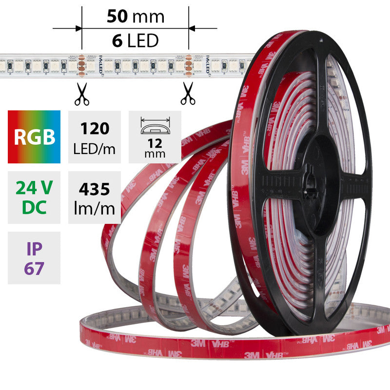 LED-Streifen RGB mit 14 Watt und 435 Lumen je Meter bei 24 Volt, IP67