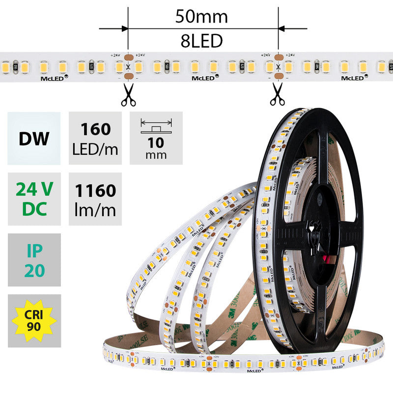 LED-Streifen in Tagweiß mit 1160 Lumen und 9 Watt je Meter bei 24 Volt, IP20