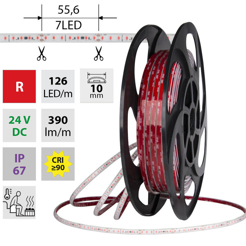 LED-Streifen in Rot mit390 Lumen und 9,6 Watt je Meter bei 24 Volt, IP67