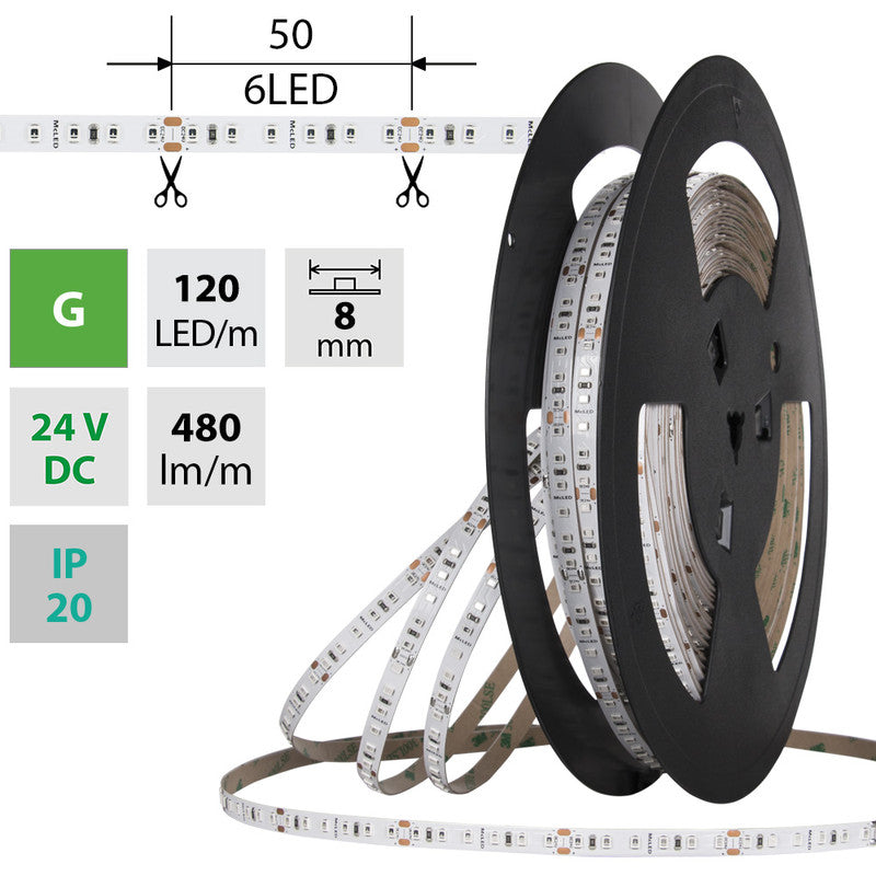LED-Streifen in Grün mit 480 Lumen und 9,6 Watt je Meter bei 24 Volt, IP20