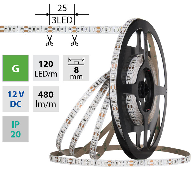 LED-Streifen in Grün mit 480 Lumen und 9,6 Watt je Meter bei 12 Volt, IP20