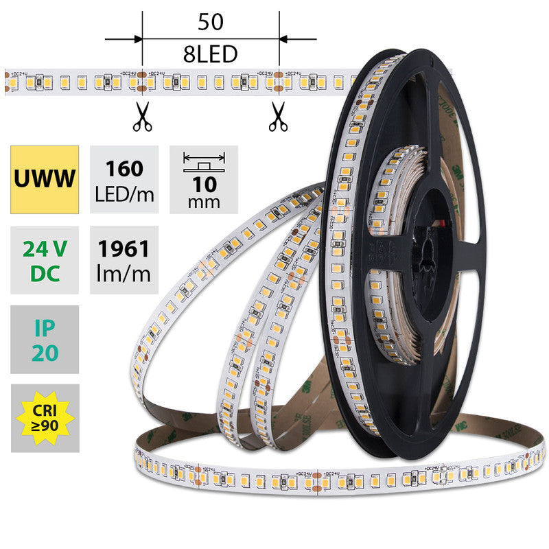 LED-Streifen in Ultra Warmweiß mit 19,2 Watt und 1961 Lumen je Meter bei 24 Volt, IP20