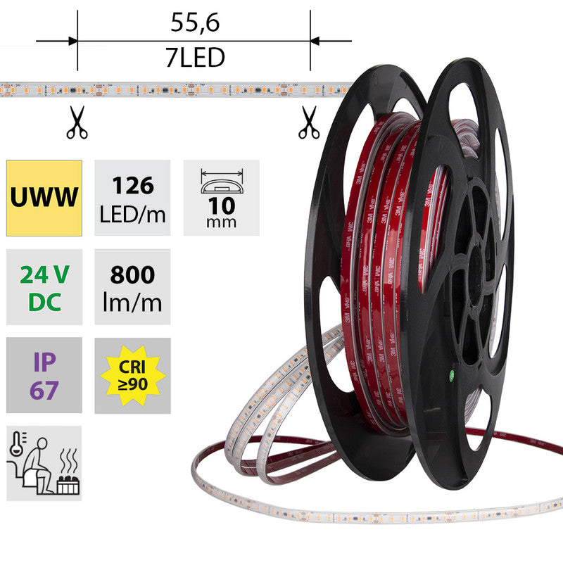 LED-Streifen in Ultra Warmweiß mit 9,6 Watt und 800 Lumen je Meter bei 24 Volt, IP67