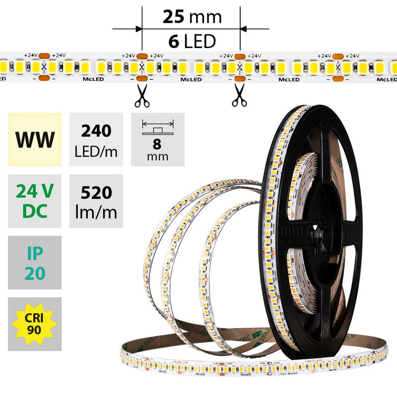 LED-Streifen in Warmweiß mit 6 Watt und 520 Lumen je Meter bei 24 Volt, IP20