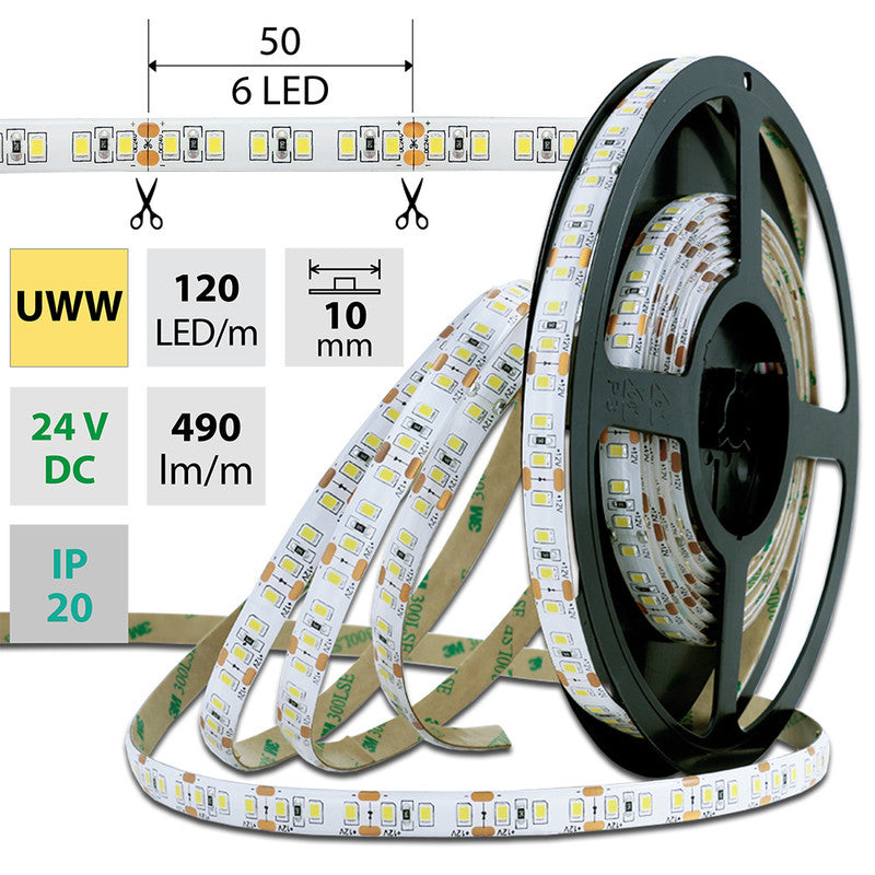 LED-Streifen in Ultra Warmweiß mit 7 Watt und 490 Lumen je Meter bei 24 Volt, IP20