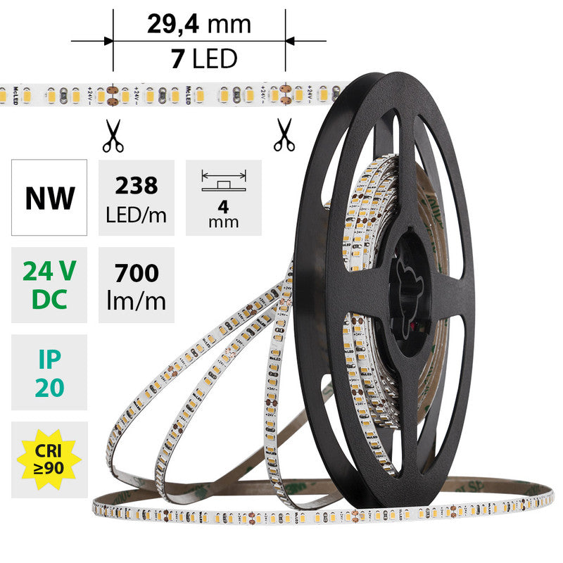 LED-Streifen in Neutralweiß mit 700 Lumen und 7,2 Watt je Meter bei 24 Volt, IP20