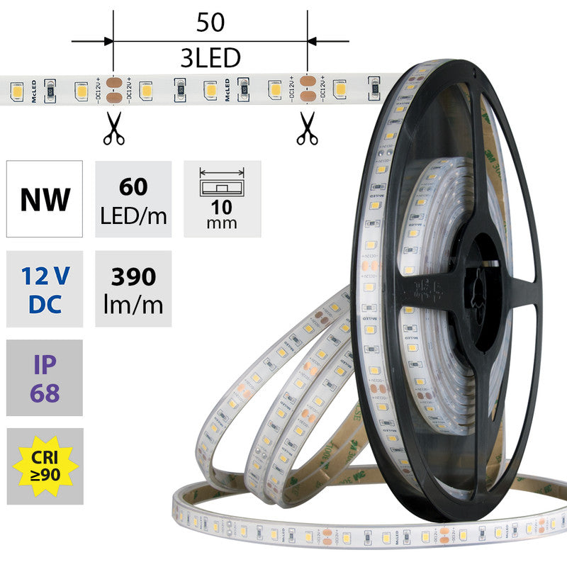 LED-Streifen in Neutralweiß mit 390 Lumen und 4,8 Watt je Meter bei 12 Volt, IP68