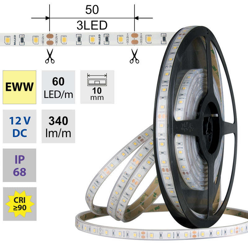 LED-Streifen in Extra Warmweiß mit 340 Lumen und 4,8 Watt je Meter bei 12 Volt, IP68