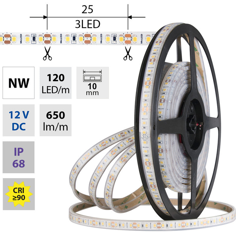 LED-Streifen in Neutralweiß mit 650 Lumen und 9,6 Watt je Meter bei 12 Volt, IP68