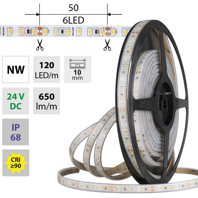 LED-Streifen in Neutralweiß mit 650 Lumen und 9,6 Watt je Meter bei 24 Volt, IP68