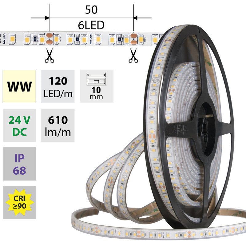 LED-Streifen in Warmweiß mit 9,6 Watt und 610 Lumen je Meter bei 24 Volt, IP68
