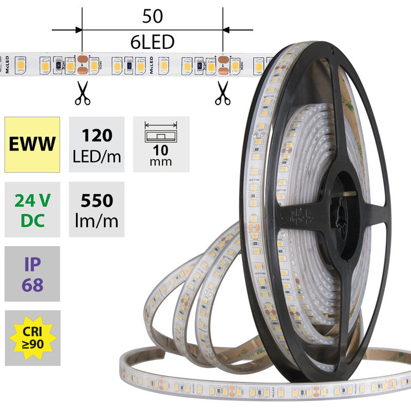 LED-Streifen in Extra Warmweiß mit 550 Lumen und 9,6 Watt je Meter bei 24 Volt, IP68