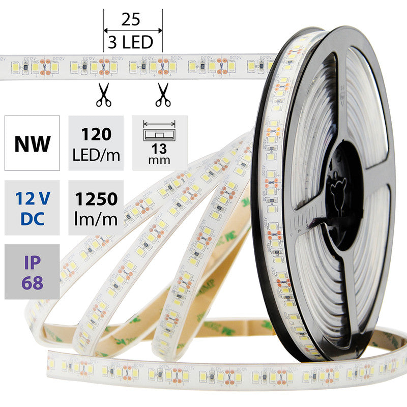 LED-Streifen in Neutralweiß mit 1250 Lumen und 14 Watt je Meter bei 12 Volt, IP68
