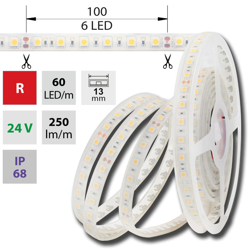 LED-Streifen in Rot mit 250 Lumen und 14,4 Watt bei 24 Volt, IP68
