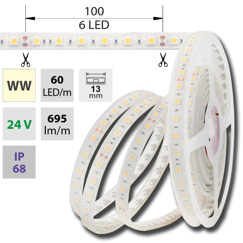 LED-Streifen in Warmweiß mit 14,4 Watt und 1065 Lumen je Meter bei 24 Volt, IP68