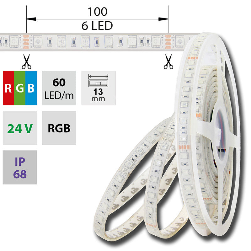 LED-Streifen RGB mit 14,4 Watt und 483 Lumen je Meter bei 24 Volt, IP68