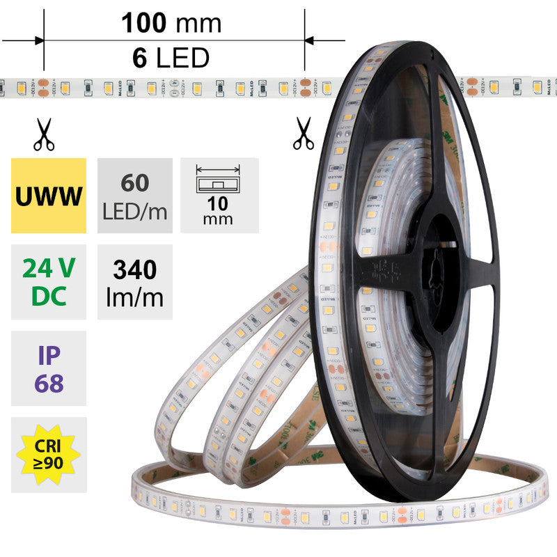 LED-Streifen in Ultra Warmweiß mit 4,8 Watt und 340 Lumen je Meter bei 24 Volt, IP68