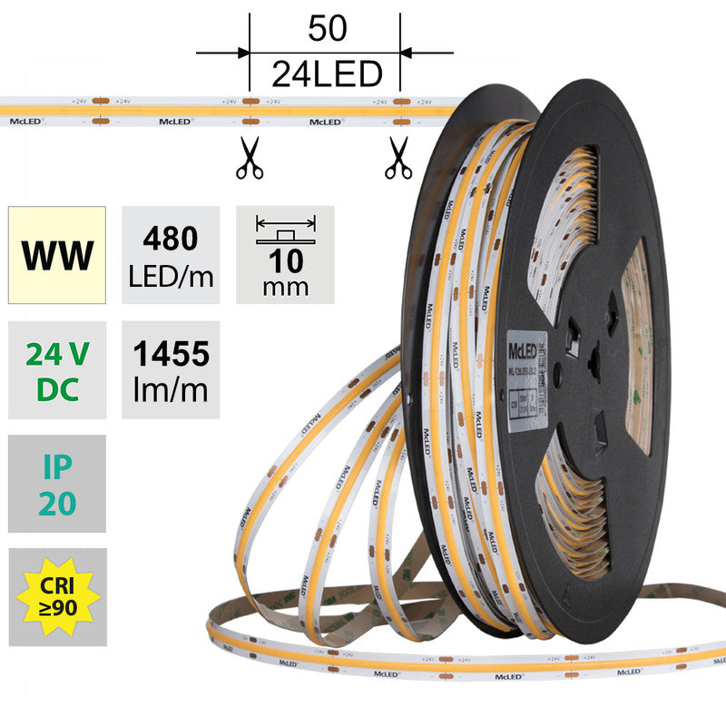 LED-Streifen COB in Warmweiß mit 15 Watt und 1455 Lumen je Meter bei 24 Volt, IP20