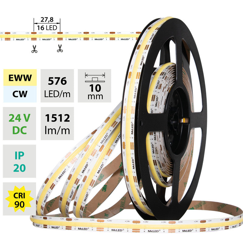 LED-Streifen COB Dualweiß in Extra Warmweiß und Kaltweiß mit 15 Watt und 1512 Lumen je Meter bei 24 Volt, IP20