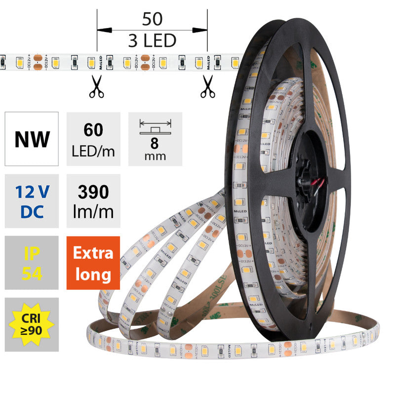 LED-Streifen in Neutralweiß mit 390 Lumen und 4,8 Watt je Meter bei 12 Volt, IP54