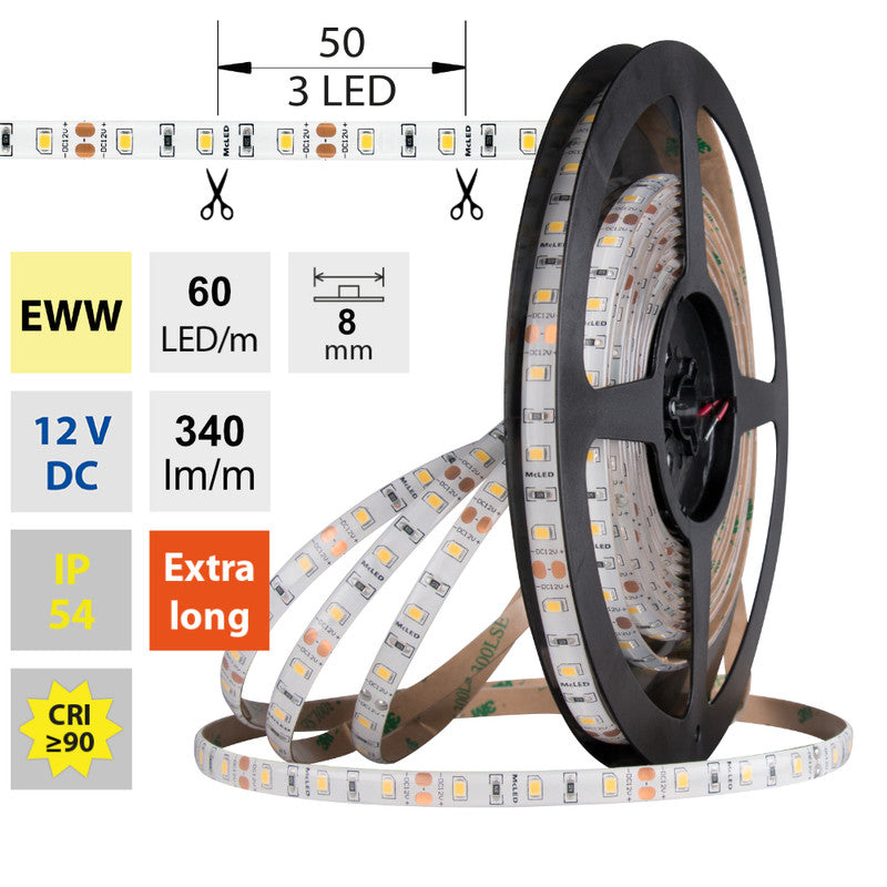 LED-Streifen in Extra Warmweiß mit 340 Lumen und 4,8 Watt je Meter bei 12 Volt, IP54